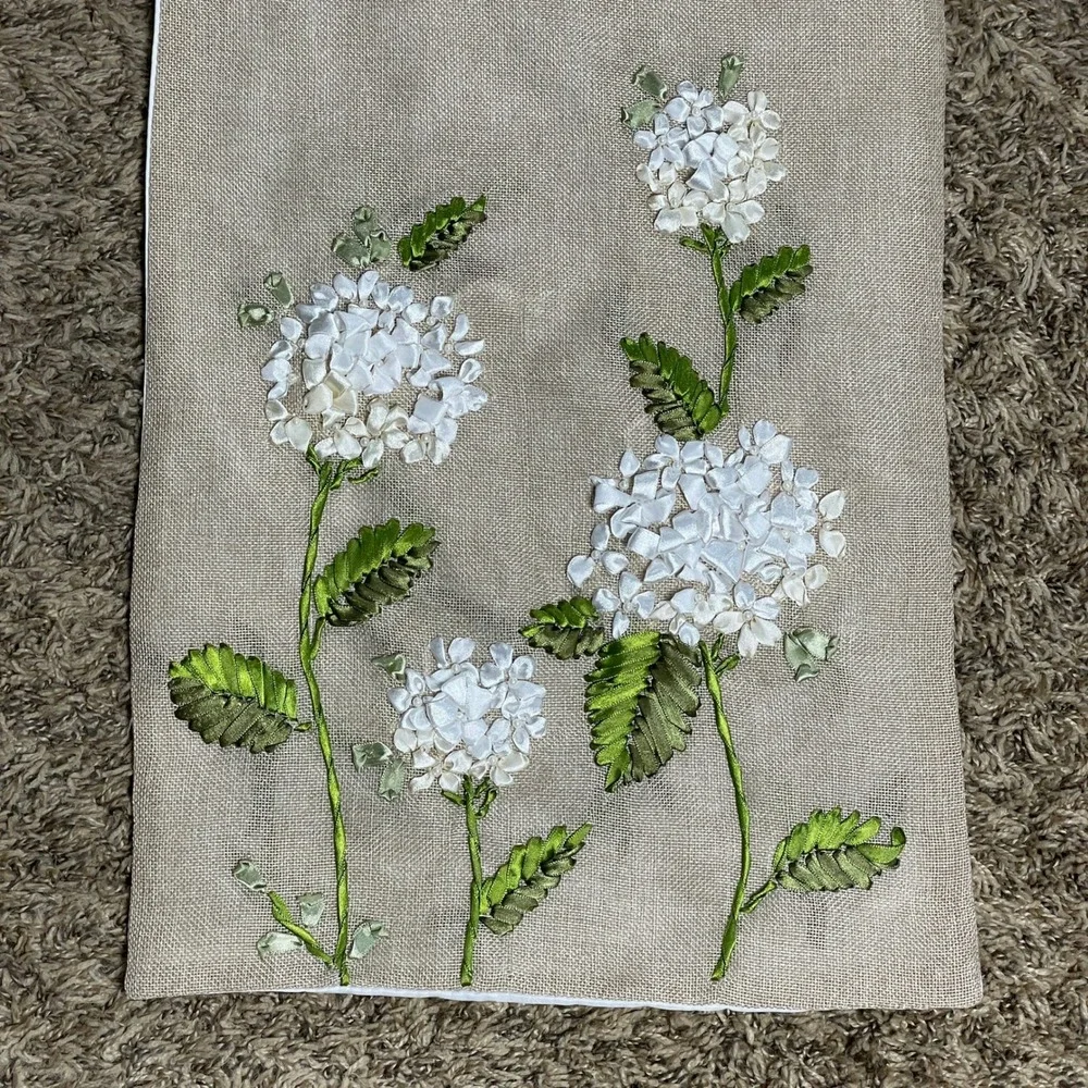 Elegant Floral Ribbon Embroidered Burlap Table‎ Runner Hydrangea Flower Décor